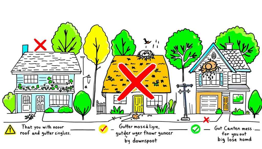 Signs indicating the need for roof and gutter cleaning.
