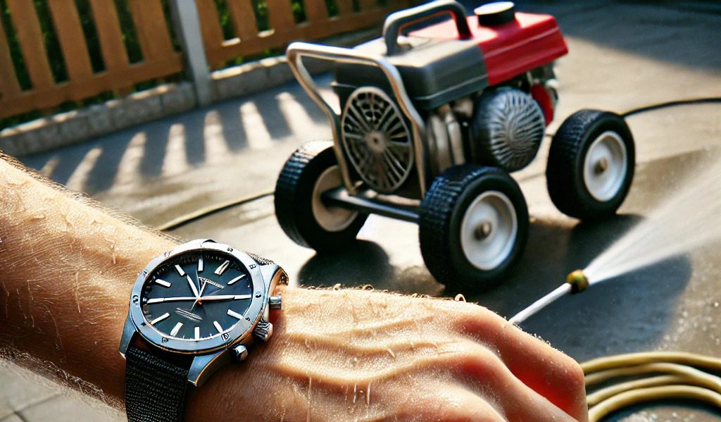 Person checking time on wristwatch, power washer in the background