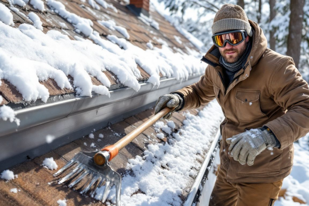 A person using a roof rake to remove snow and prevent ice dams in gutters.