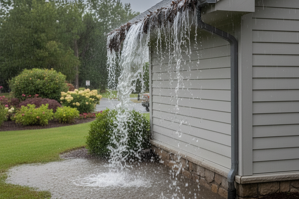 Clogged gutters overflowing with rainwater causing soil saturation and foundation damage, showing need for gutter cleaning