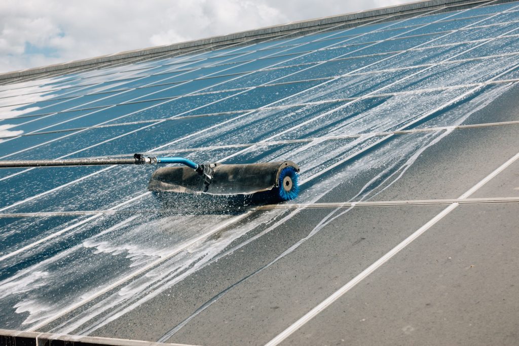solar panel cleaning in process
