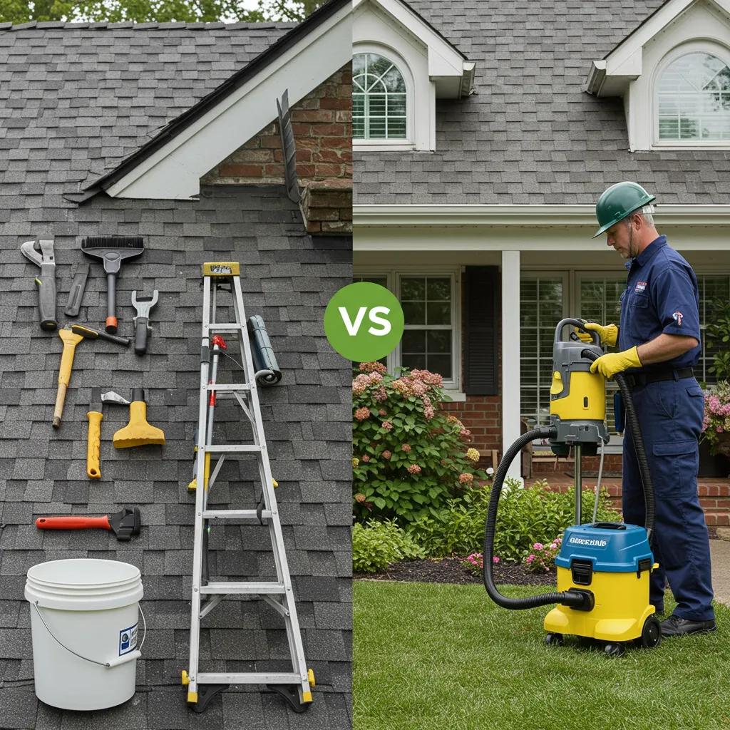 Comparison of DIY gutter cleaning tools and professional equipment highlighting cost-benefit analysis