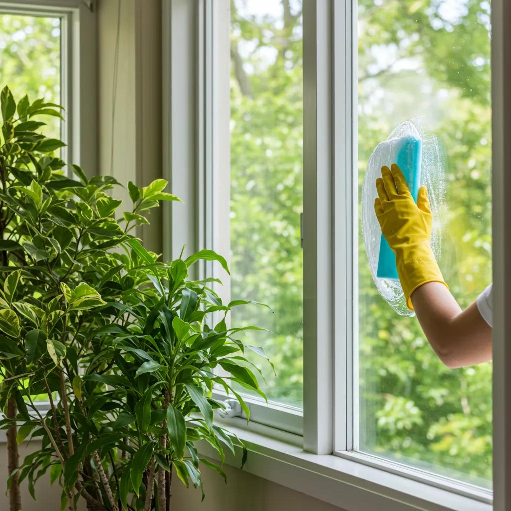 Eco-friendly window cleaning with biodegradable products and a focus on surrounding plants