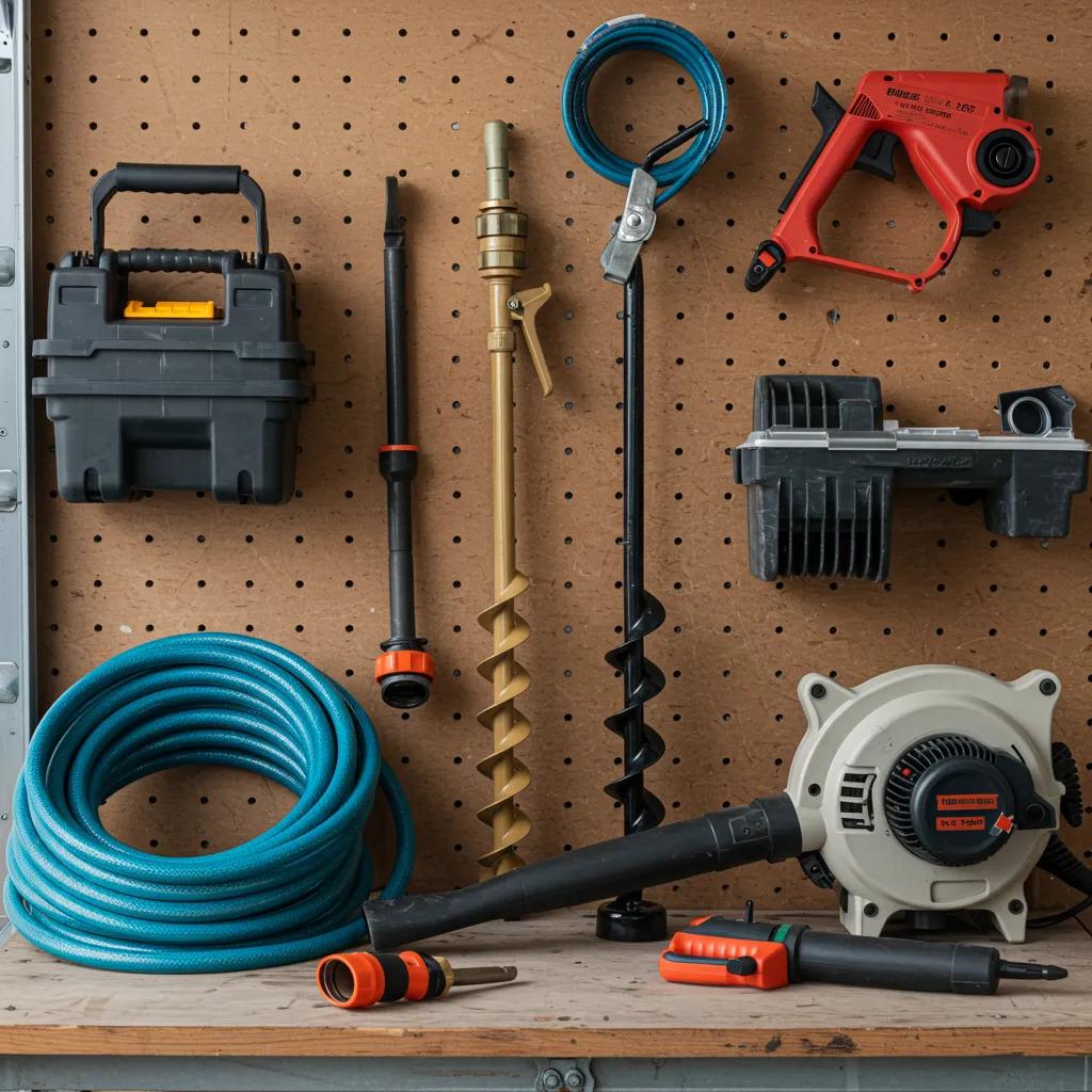 Essential tools for DIY downspout cleaning including a garden hose, plumber�s snake, and leaf blower