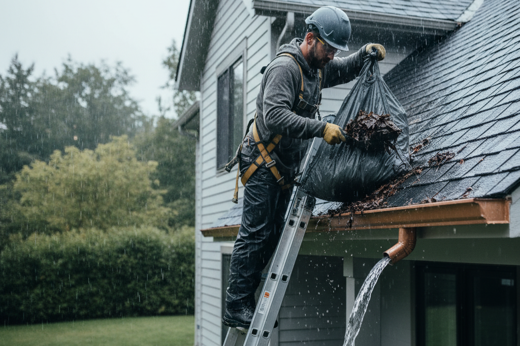 Professional gutter cleaning preventing water damage by clearing roof gutters and downspouts to protect the home�s foundation and roof.
