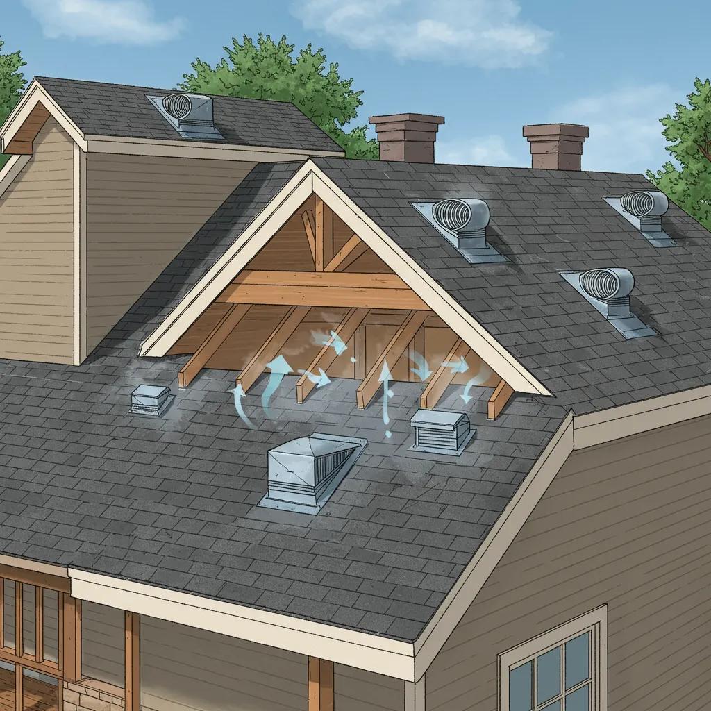 Illustration of roof ventilation with soffit and ridge vents demonstrating airflow dynamics to prevent ice dams
