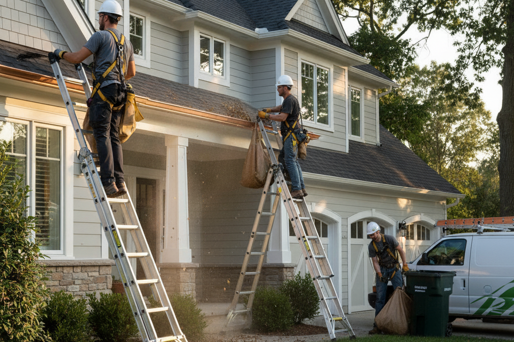 Professional gutter cleaning team safely removing leaves and debris from residential gutters during routine maintenance.