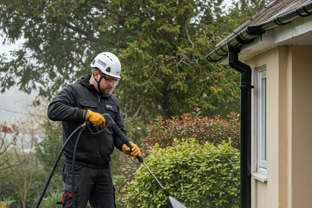 Professional technician cleaning a downspout with high-pressure water jet
