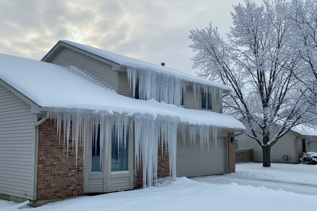large icicles on a roof caused by clogged gutters