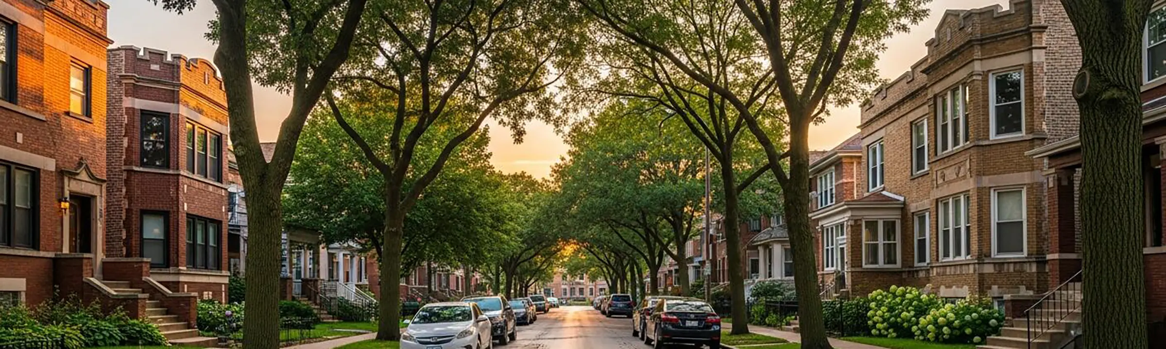 Tree-lined residential street in Irving Park on the north side of Chicago